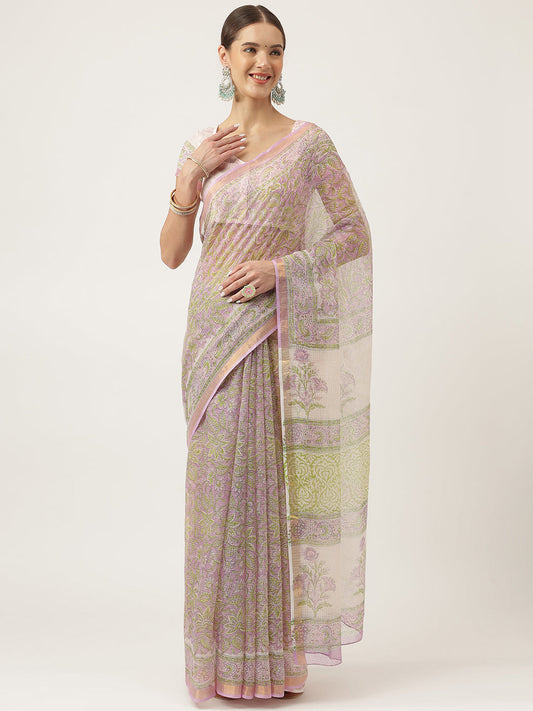 Purple Hand Block Kota Doria Saree | LASVINI - Redefining Indian Fashion with Elegance