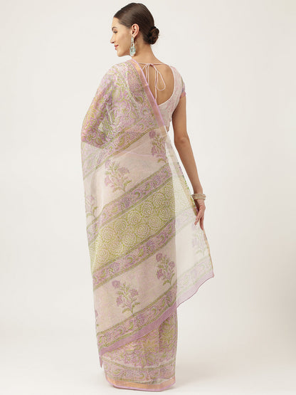 Purple Hand Block Kota Doria Saree | LASVINI - Redefining Indian Fashion with Elegance