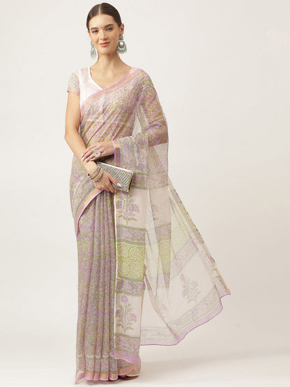 Purple Hand Block Kota Doria Saree | LASVINI - Redefining Indian Fashion with Elegance