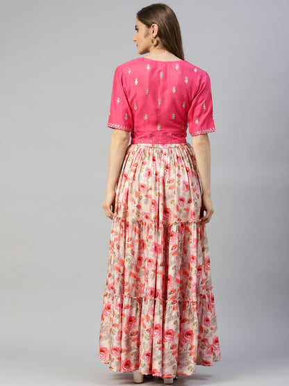 Women Pink Raw Silk Top With Skirt Set | LASVINI - Redefining Indian Fashion with Elegance