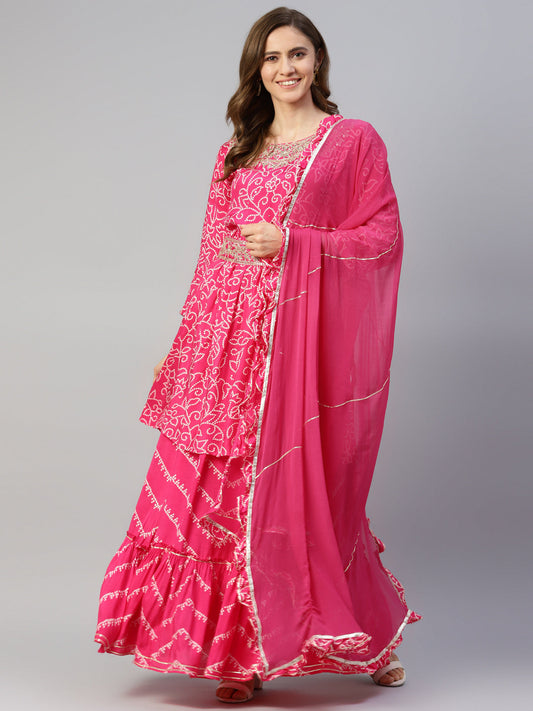 Women Pink Muslin Bandhani Printed Embroidary Peplum Kurta Sharara Set With Dupatta | LASVINI - Redefining Indian Fashion with Elegance