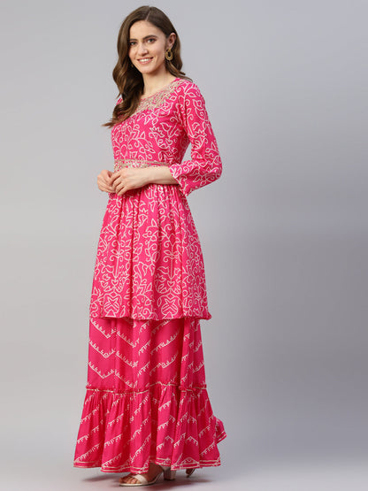 Women Pink Muslin Bandhani Printed Embroidary Peplum Kurta Sharara Set With Dupatta | LASVINI - Redefining Indian Fashion with Elegance
