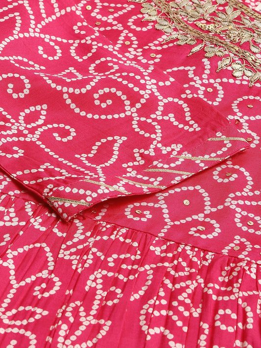 Women Pink Muslin Bandhani Printed Embroidary Peplum Kurta Sharara Set With Dupatta | LASVINI - Redefining Indian Fashion with Elegance
