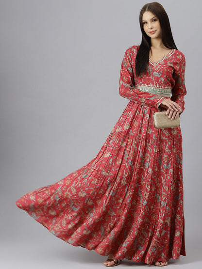Women Maroon Floral Printed Muslin Flared Gown | LASVINI - Redefining Indian Fashion with Elegance
