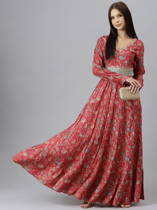 Women Maroon Floral Printed Muslin Flared Gown | LASVINI - Redefining Indian Fashion with Elegance