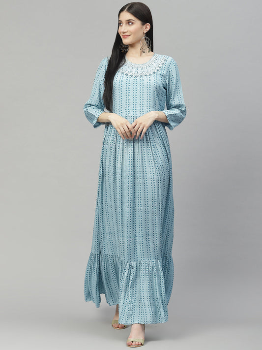 Women Blue Muslin Flared Gown | LASVINI - Redefining Indian Fashion with Elegance