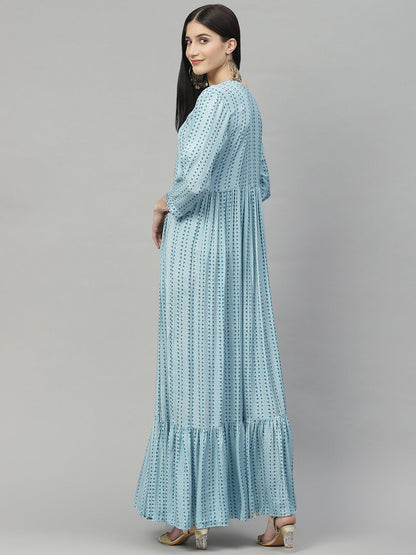 Women Blue Muslin Flared Gown | LASVINI - Redefining Indian Fashion with Elegance