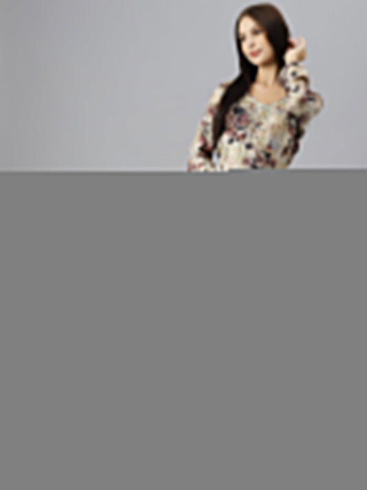 Women Cream Floral Printed Muslin Flared Gown | LASVINI - Redefining Indian Fashion with Elegance