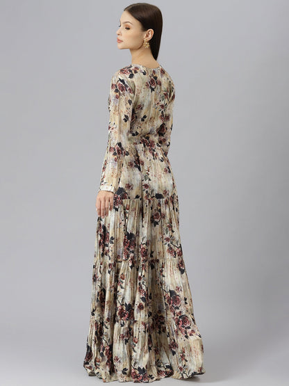 Women Cream Floral Printed Muslin Flared Gown | LASVINI - Redefining Indian Fashion with Elegance