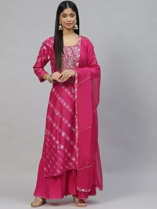 Women Dark Pink Pure Rassion Chenderi Kurta Sharara Set With Dupatta | LASVINI - Redefining Indian Fashion with Elegance