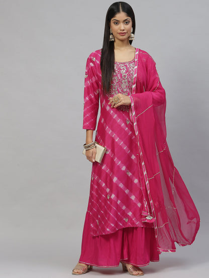 Women Dark Pink Pure Rassion Chenderi Kurta Sharara Set With Dupatta | LASVINI - Redefining Indian Fashion with Elegance