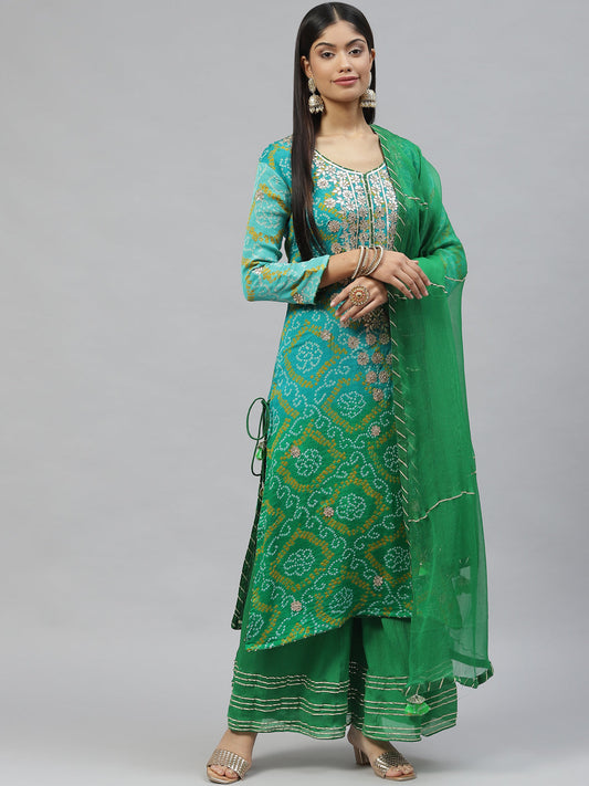 Women Pure Chinon Rama Green Bandhani Printed Kurta Sharara Set With Dupatta | LASVINI - Redefining Indian Fashion with Elegance