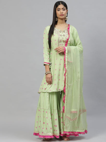 Women Green Pure Muslin Peplum Hand Embroidery Kurta Sharara With Chiffon Dupatta | LASVINI - Redefining Indian Fashion with Elegance