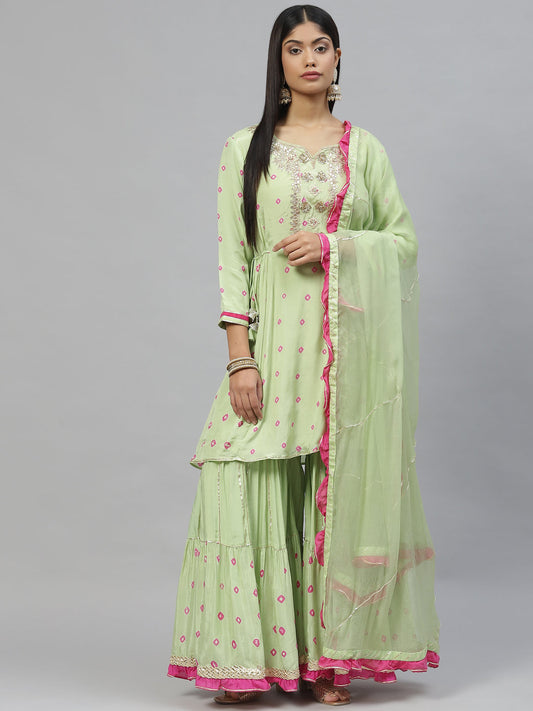 Women Green Pure Muslin Peplum Hand Embroidery Kurta Sharara With Chiffon Dupatta | LASVINI - Redefining Indian Fashion with Elegance