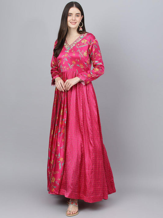 Pink Floral Printed Gaji Silk Flared Gown | LASVINI - Redefining Indian Fashion with Elegance