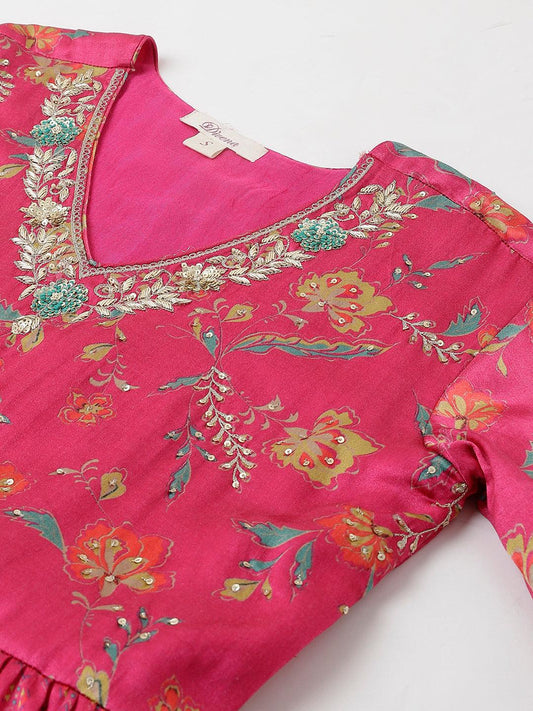 Pink Floral Printed Gaji Silk Flared Gown | LASVINI - Redefining Indian Fashion with Elegance