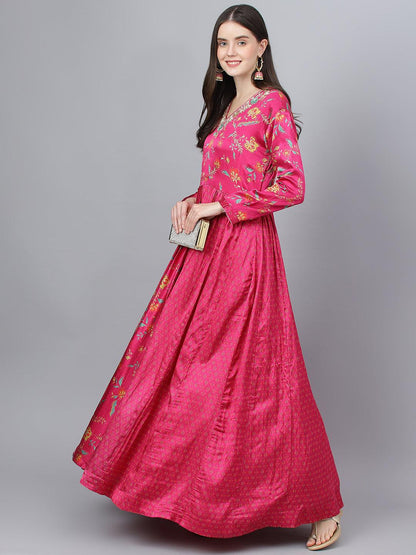Pink Floral Printed Gaji Silk Flared Gown | LASVINI - Redefining Indian Fashion with Elegance