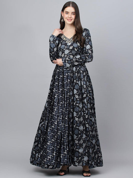 Black Floral Printed Gaji Silk Flared Gown | LASVINI - Redefining Indian Fashion with Elegance