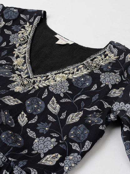 Black Floral Printed Gaji Silk Flared Gown | LASVINI - Redefining Indian Fashion with Elegance