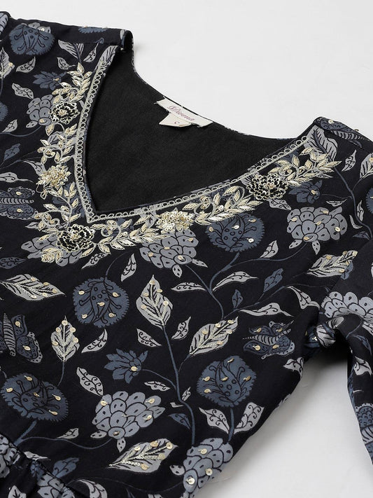 Black Floral Printed Gaji Silk Flared Gown | LASVINI - Redefining Indian Fashion with Elegance
