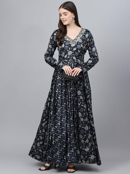 Black Floral Printed Gaji Silk Flared Gown | LASVINI - Redefining Indian Fashion with Elegance