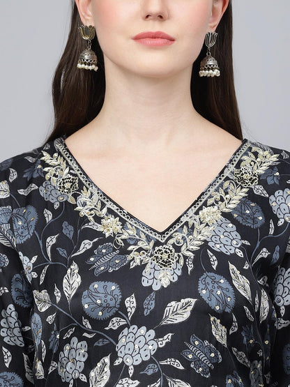 Black Floral Printed Gaji Silk Flared Gown | LASVINI - Redefining Indian Fashion with Elegance