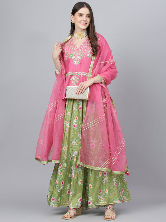 Women Pink And Green Russian Silk Flared Lehenga Choli Set With Organza Dupatta | LASVINI - Redefining Indian Fashion with Elegance