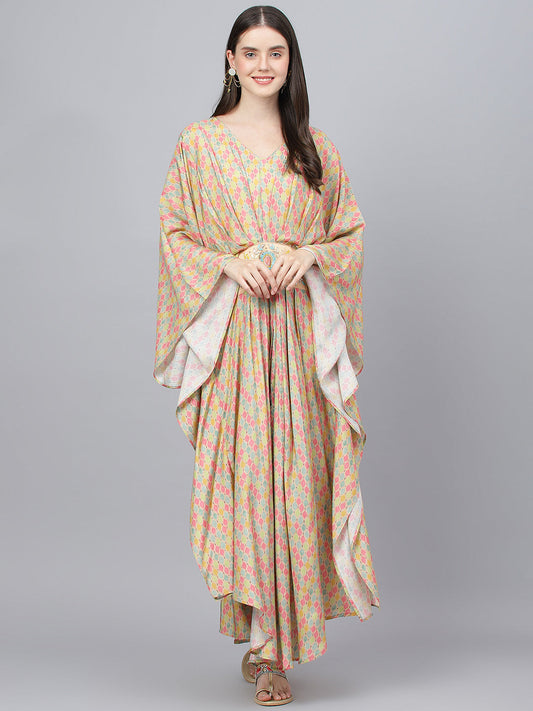 Women Multi Color Printed Muslin Flared Kaftan Dress | LASVINI - Redefining Indian Fashion with Elegance