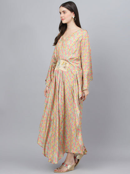 Women Multi Color Printed Muslin Flared Kaftan Dress | LASVINI - Redefining Indian Fashion with Elegance