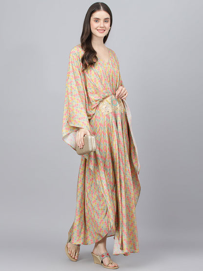 Women Multi Color Printed Muslin Flared Kaftan Dress | LASVINI - Redefining Indian Fashion with Elegance