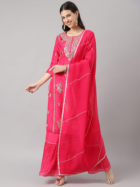 Pink Russian Silk Hand Embroidery Kurta Sharara With Organza Dupatta | LASVINI - Redefining Indian Fashion with Elegance