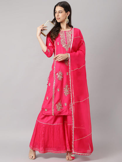 Pink Russian Silk Hand Embroidery Kurta Sharara With Organza Dupatta | LASVINI - Redefining Indian Fashion with Elegance