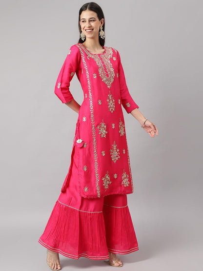 Pink Russian Silk Hand Embroidery Kurta Sharara With Organza Dupatta | LASVINI - Redefining Indian Fashion with Elegance