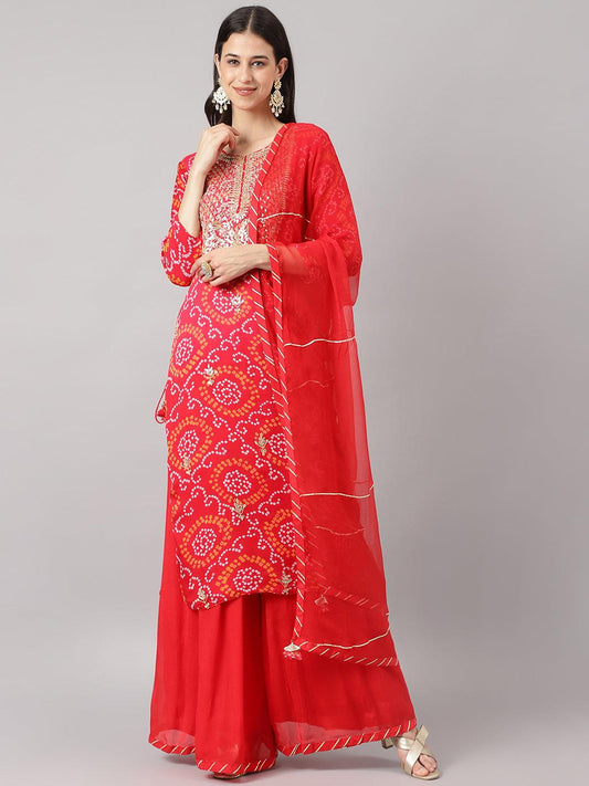 Red Chinon Hand Embroidery Kurta Sharara With Chiffon Dupatta | LASVINI - Redefining Indian Fashion with Elegance