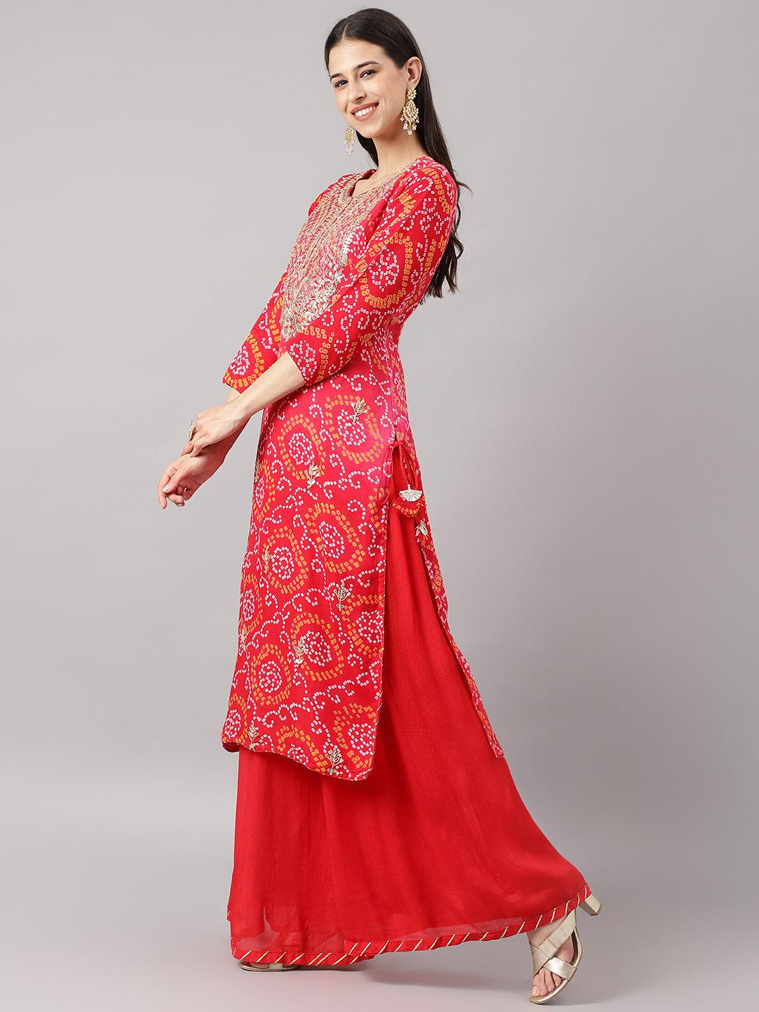 Red Chinon Hand Embroidery Kurta Sharara With Chiffon Dupatta | LASVINI - Redefining Indian Fashion with Elegance