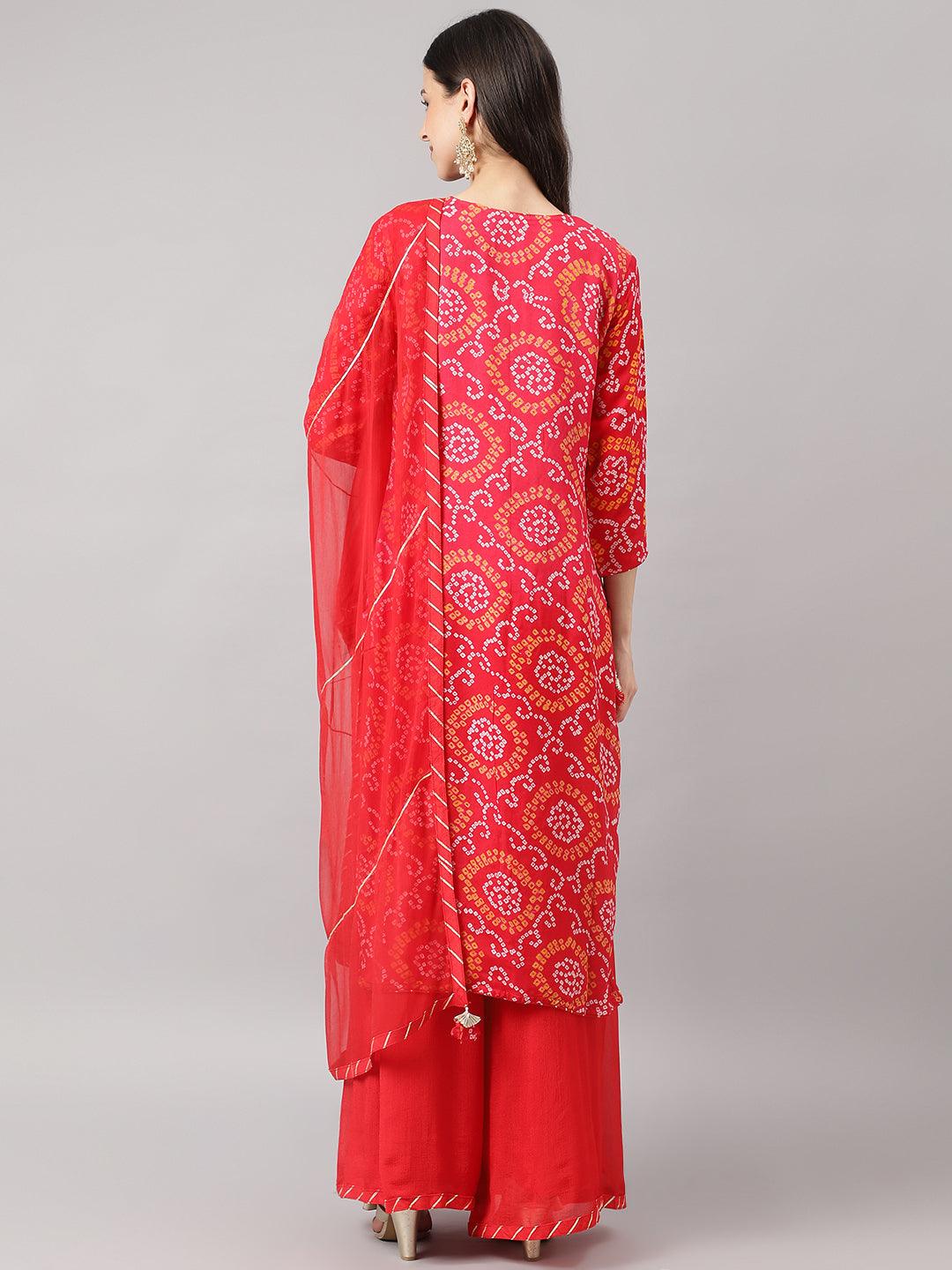 Red Chinon Hand Embroidery Kurta Sharara With Chiffon Dupatta | LASVINI - Redefining Indian Fashion with Elegance