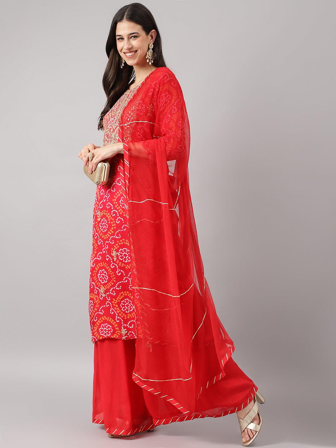 Red Chinon Hand Embroidery Kurta Sharara With Chiffon Dupatta | LASVINI - Redefining Indian Fashion with Elegance