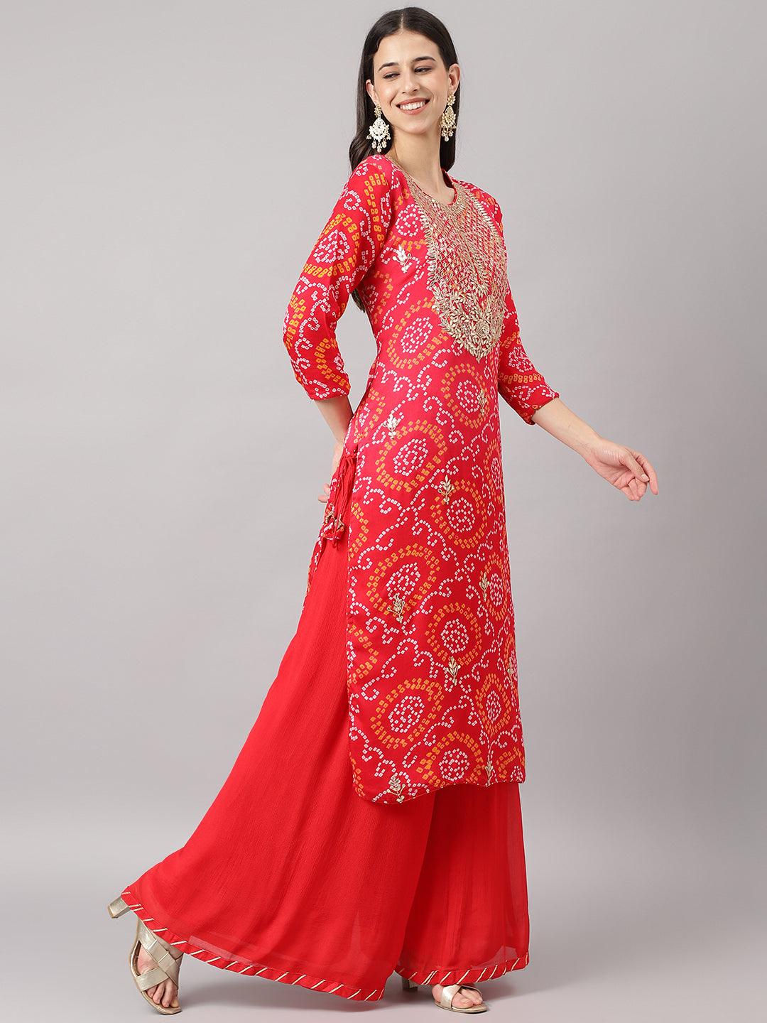 Red Chinon Hand Embroidery Kurta Sharara With Chiffon Dupatta | LASVINI - Redefining Indian Fashion with Elegance