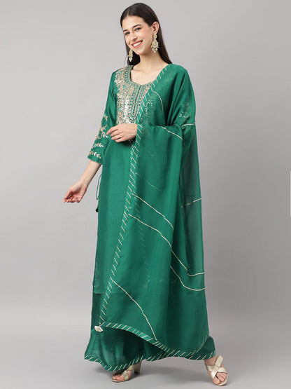 Green Uppada Silk Hand Embroidery Kurta Sharara With Organza Dupatta | LASVINI - Redefining Indian Fashion with Elegance