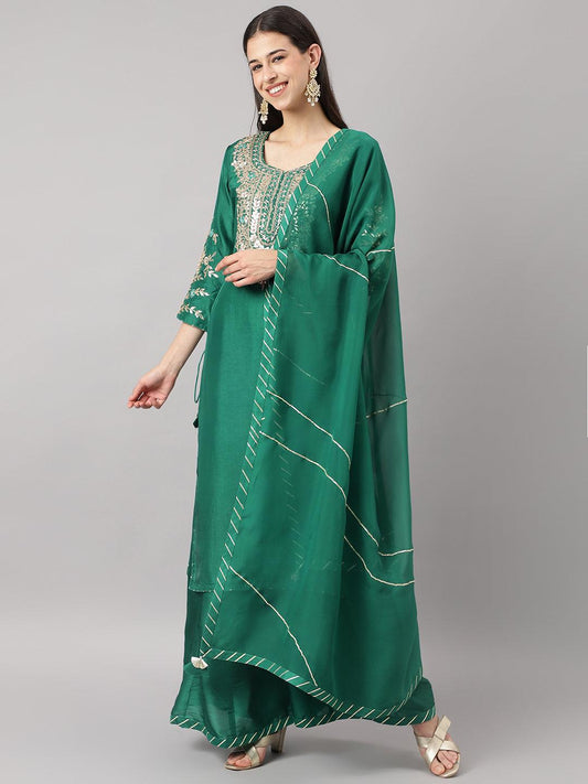 Green Uppada Silk Hand Embroidery Kurta Sharara With Organza Dupatta | LASVINI - Redefining Indian Fashion with Elegance