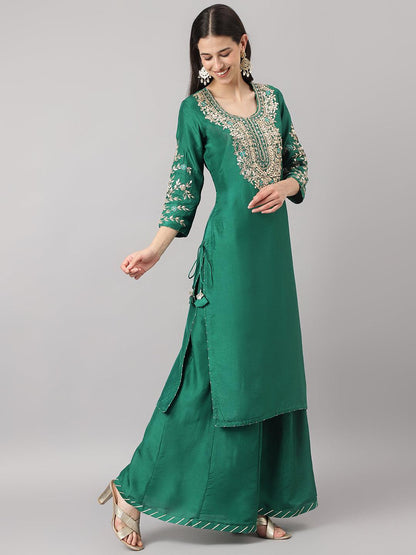 Green Uppada Silk Hand Embroidery Kurta Sharara With Organza Dupatta | LASVINI - Redefining Indian Fashion with Elegance