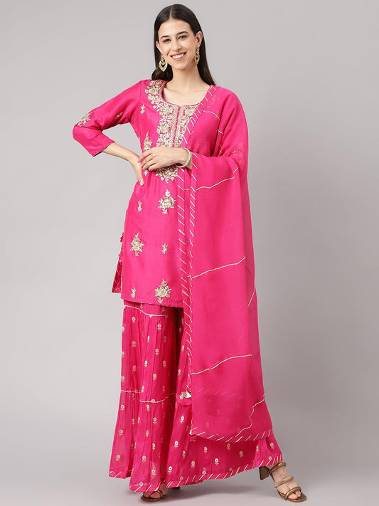 Dark Pink Russian Silk Hand Embroidery Kurta Sharara With Organza Dupatta | LASVINI - Redefining Indian Fashion with Elegance