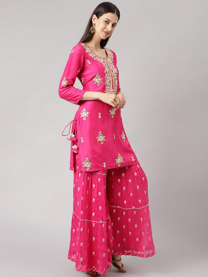 Dark Pink Russian Silk Hand Embroidery Kurta Sharara With Organza Dupatta | LASVINI - Redefining Indian Fashion with Elegance