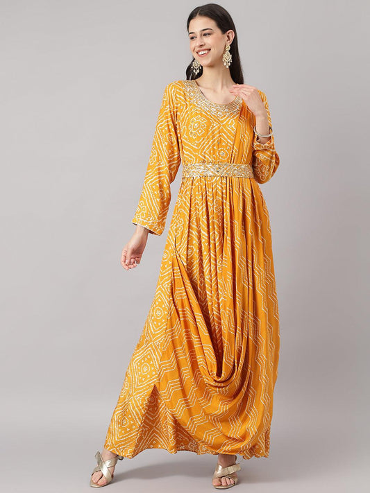 Mustard Bandhani Printed Muslin Zari Work Drape Style Flared Gown | LASVINI - Redefining Indian Fashion with Elegance