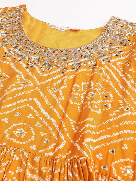 Mustard Bandhani Printed Muslin Zari Work Drape Style Flared Gown | LASVINI - Redefining Indian Fashion with Elegance