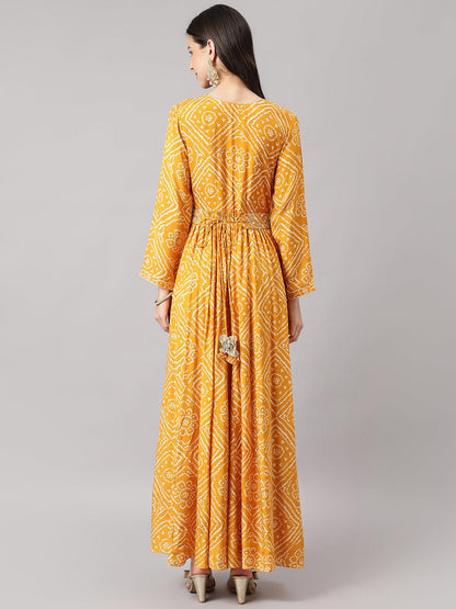 Mustard Bandhani Printed Muslin Zari Work Drape Style Flared Gown | LASVINI - Redefining Indian Fashion with Elegance