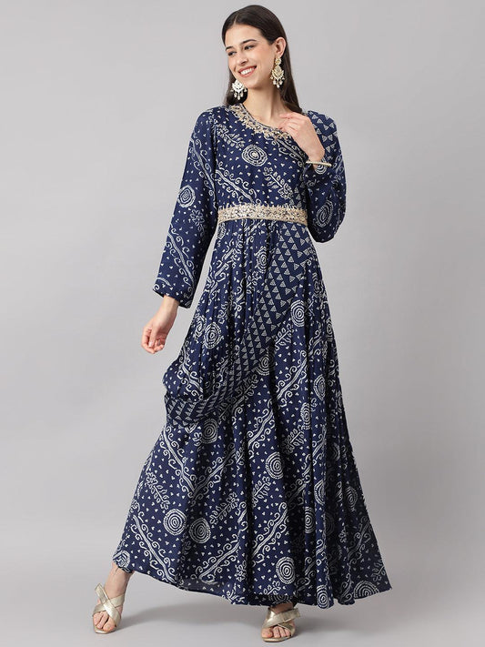 Navy Blue Bandhani Printed Muslin Zari Work Drape Style Flared Gown | LASVINI - Redefining Indian Fashion with Elegance