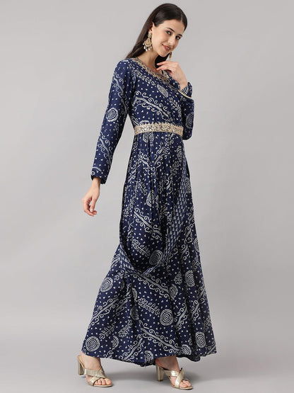 Navy Blue Bandhani Printed Muslin Zari Work Drape Style Flared Gown | LASVINI - Redefining Indian Fashion with Elegance