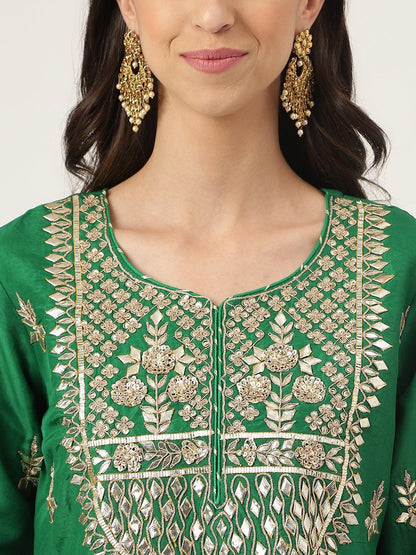 Dark Green Russian Silk Hand Embroidery Kurta Sharara With Organza Dupatta | LASVINI - Redefining Indian Fashion with Elegance