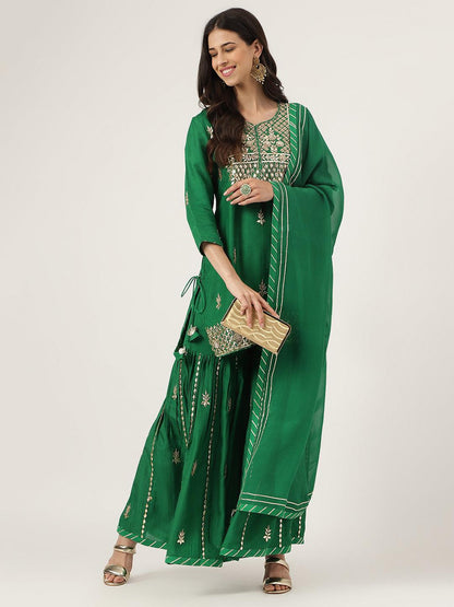 Dark Green Russian Silk Hand Embroidery Kurta Sharara With Organza Dupatta | LASVINI - Redefining Indian Fashion with Elegance